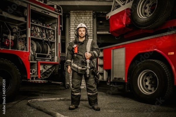 Obraz Strażak w pobliżu ciężarówki z wyposażeniem z wężem wodnym