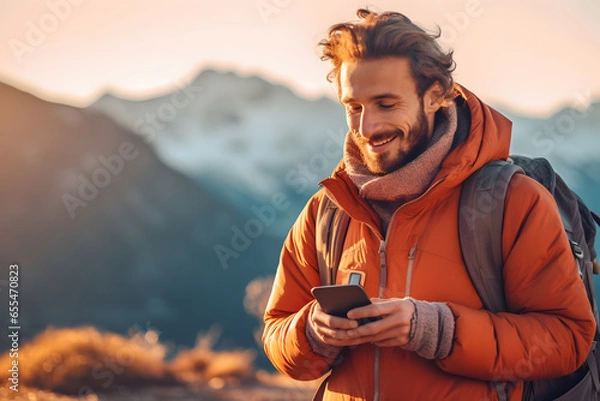 Fototapeta Man hiking in the mountains and using his cell phone