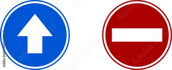 Fototapeta Blue Enter Here This Way and Red Do Not Enter Stop Door Entrance and Exit Round Sticker Adhesive Sign Icon Set. Vector Image.