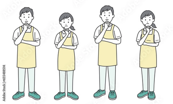 Fototapeta 顔に手を当てて悩む介護士男女
