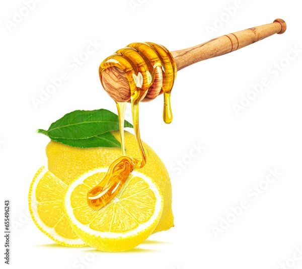 Fototapeta dripping honey on lemon isolated on white background