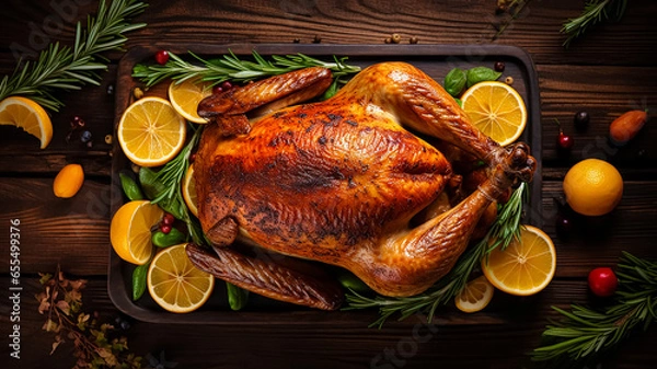 Obraz Appetizing roasted turkey with vegetables and spices on a dark blurred background. Traditional Thanksgiving dish.