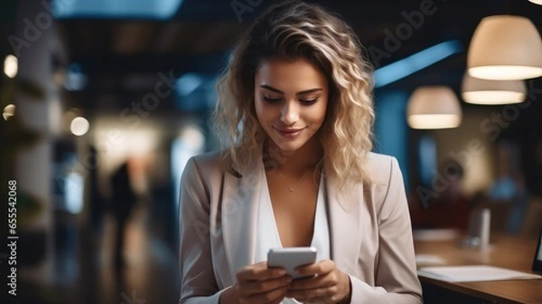 Fototapeta Office Employee woman using smartphone at desk in workplace.