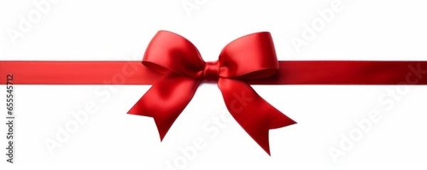 Fototapeta A large red ribbon bow on the left of a long straight piece of ribbon to be used as a birthday or Christmas banner, border isolated against a white background, Generative AI