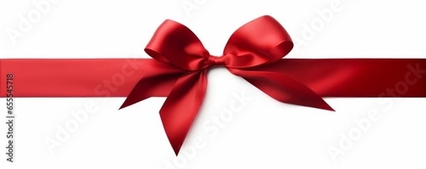 Fototapeta A large red ribbon bow on the left of a long straight piece of ribbon to be used as a birthday or Christmas banner, border isolated against a white background, Generative AI