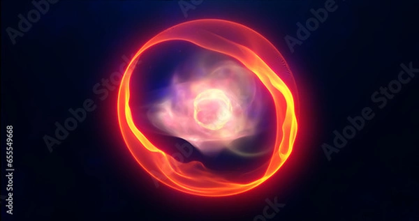 Fototapeta Orange energy sphere with glowing bright particles, atom with electrons and elektric magic field scientific futuristic hi-tech abstract background