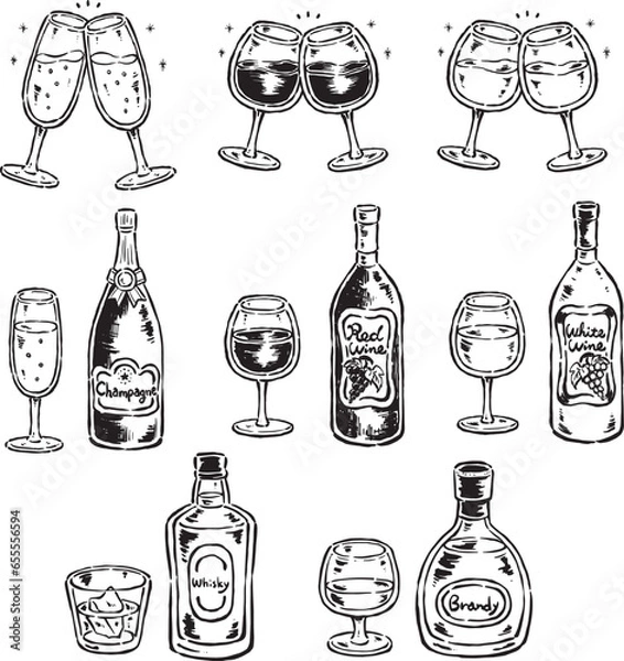 Obraz 洋酒（ワイン・シャンパン・ウイスキー・ブランデー）ビンとグラス　単色線画セット
