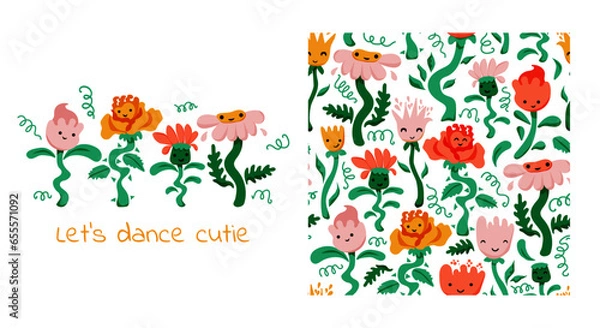 Obraz Baby pattern. Floral background.  Doodle cute flowers characters. Card. Perfect for  wrapping paper, printing on the fabric, design package and cover for kids. Vector