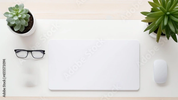 Fototapeta Minimalist mousepad mockup with pad, mouse, keyboard, and a potted succulent on a white wooden office desk, modern minimal workspace template for your product or design