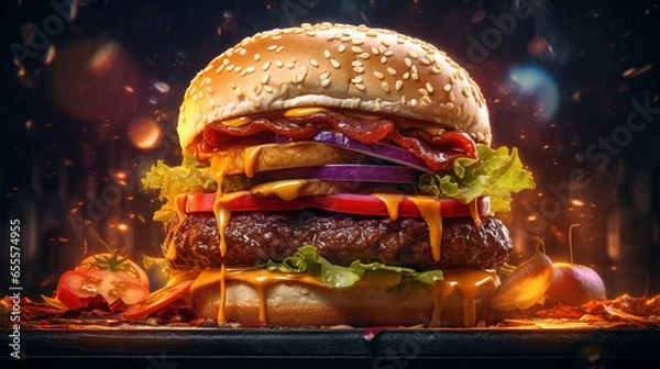 Fototapeta Hamburger on black background. Generative Ai
