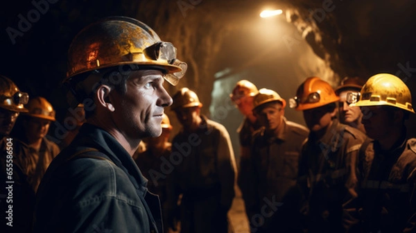 Obraz The engineer talking with group labor in the mine tunnel
