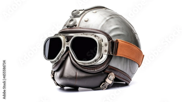 Fototapeta A new grey vintage helmet and wind goggle isolated on white background. Generative Ai