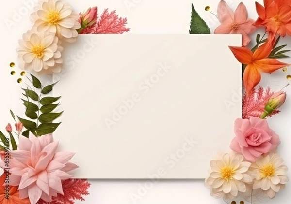 Fototapeta Composition with flowers and blank paper on a beige background. Greetind card mockup. AI Generative.