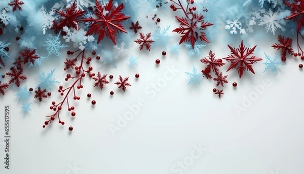 Fototapeta red christmas background. snow covered branches flat lay. winter background flat lat top view. christmas flat lay