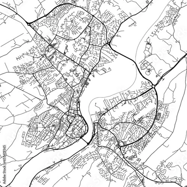 Fototapeta 1:1 square aspect ratio vector road map of the city of  Derry in the United Kingdom with black roads on a white background.