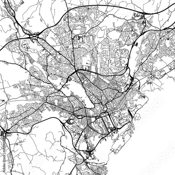 Fototapeta 1:1 square aspect ratio vector road map of the city of  Cardiff in the United Kingdom with black roads on a white background.
