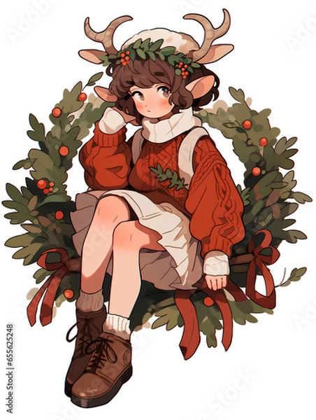 Fototapeta Young woman dressed in christmas theme and reindeer theme.Generative Ai