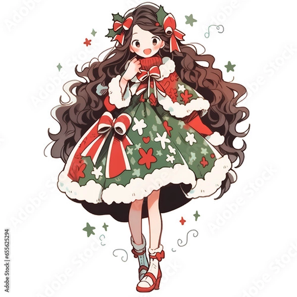 Fototapeta A young woman is dressed in a warm, neat skirt with a Christmas theme.Generative Ai