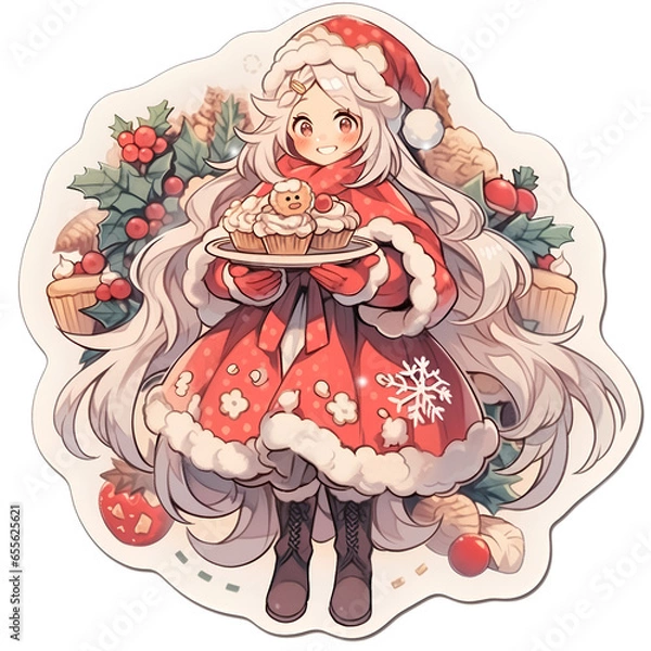 Fototapeta A girl dressed as Santa Claus is holding a plate of sweets.Generative Ai