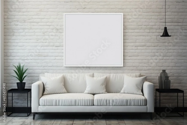 Fototapeta Blank picture frame mockup with luxury sofa on living room. Generative AI