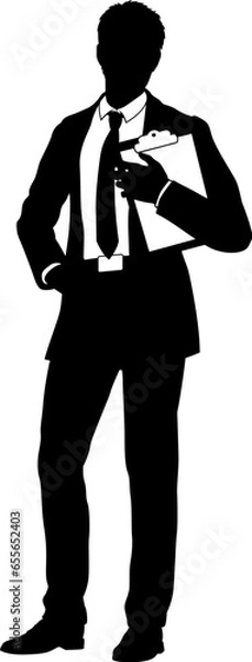 Fototapeta Silhouette business person man in a smart suit and tie holding a clipboard.