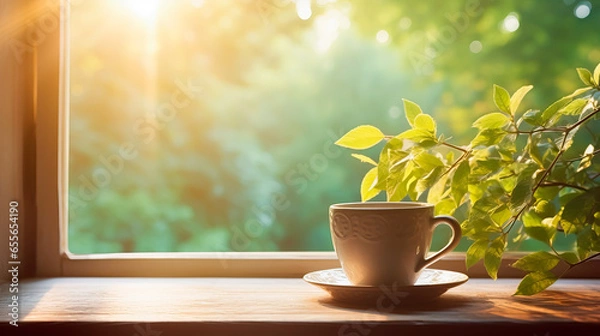 Fototapeta Cup of delicious  hot tea with apples in soft morning light. Serene and peaceful. Shallow field of view with copy space.