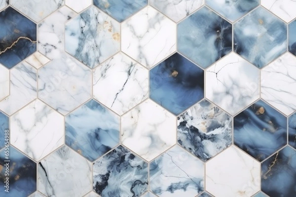 Fototapeta A vibrant blue and white hexagonal tile pattern