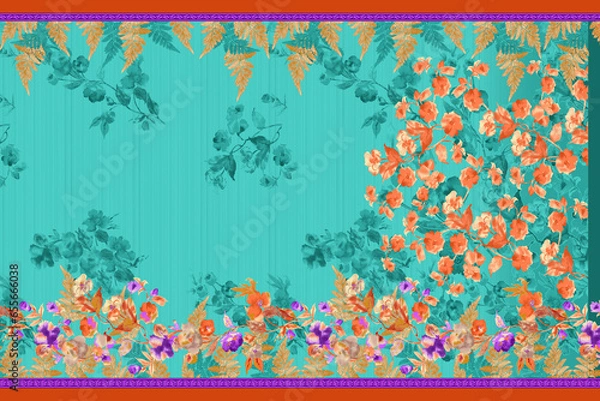 Fototapeta multi patterns with colorful sari design for textile printed u can used texture, graphic, background. Abstract border pattern geometrical textile saree in colorful background and digital Flower design