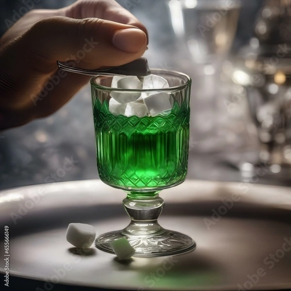Fototapeta A hand gently dropping a sugar cube into a glass of absinthe with an ornate spoon4