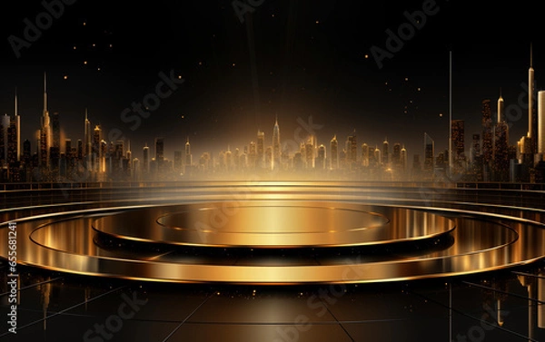 Fototapeta Golden luxury podium for display with city in the background