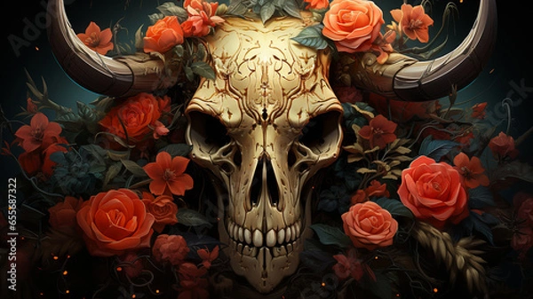 Fototapeta cattle skull with roses on black background