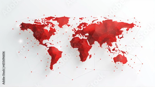 Obraz Czerwona kolorowa mapa świata. Koncepcja globalnego połączenia sieciowego i udostępniania danych