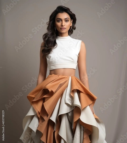Obraz Indian Runway Sensation Showcasing Avant-Garde Haute Couture in Confident Pose on Social Media