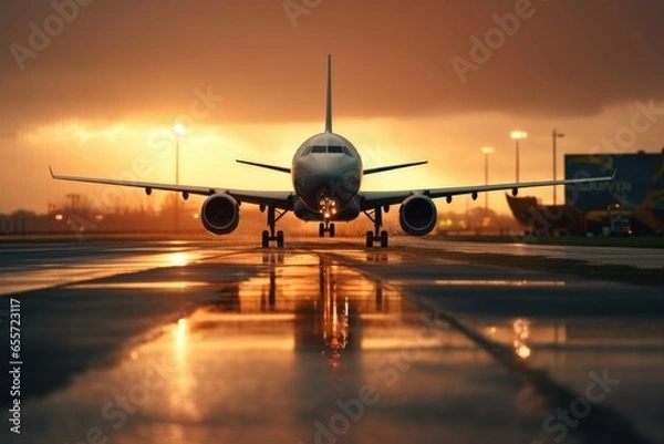 Fototapeta A large jetliner parked on top of an airport runway. This image can be used to depict the aviation industry, travel, transportation, or commercial airlines.