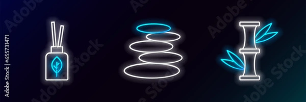 Obraz Set line Bamboo, Aroma diffuser and Stack hot stones icon. Glowing neon. Vector