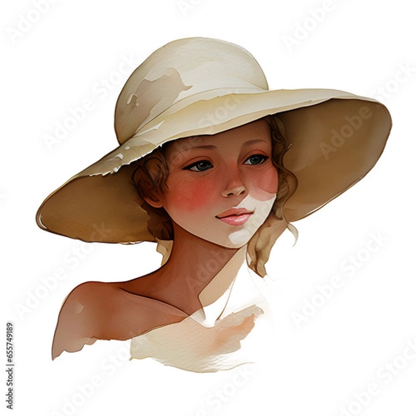 Fototapeta woman with sun hat watercolor illustration isolated transparent background