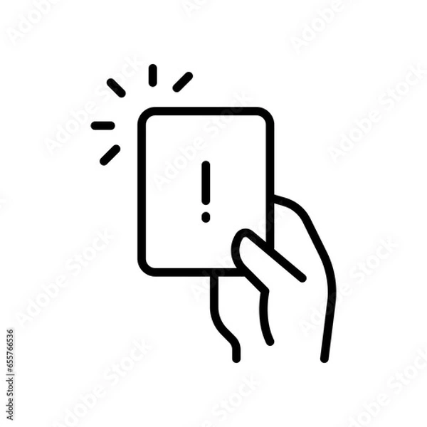 Obraz Hand holding card with exclamation mark for error card symbol. Penalty proof, Soccer or football referees hand with foul card warning icon. Vector illustration filled outline style