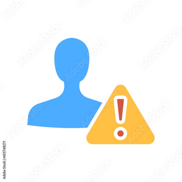Fototapeta Invalid user profile. Important Caution notice of personal fake account. Internet person id and fraud risk data alert. Male User warning icon. Vector illustration filled outline style