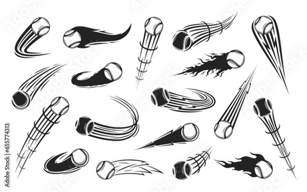 Fototapeta Vector black and white flying baseball balls with motion trails