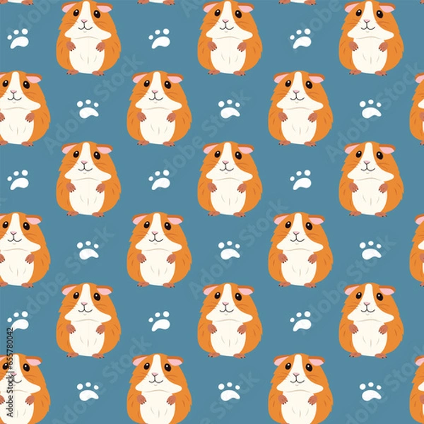 Fototapeta Seamless pattern of little red guinea pigs and paw prints on a blue background, background for food, pet stores and fabrics