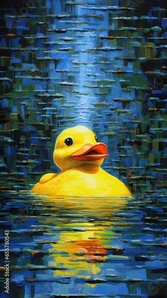 Fototapeta A yellow duck, modern artwork, abstract colorful painting with geometric shapes. Hand drawn digital painting. 