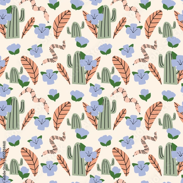 Fototapeta Seamless pattern in wild west style. Background with cactus, flowersand snake. . Boho. Western.Great for wallpaper, backgrounds, packaging, fabric, scrapbook
