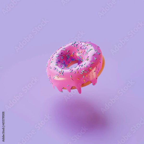Fototapeta Donut. Delicious pink donut with glaze and sprinkles. Isolated. Beautiful illustration pink donut with glaze sprinkles on the pink background. 3D model sweet sugar doughnut. Colorful glazed dessert