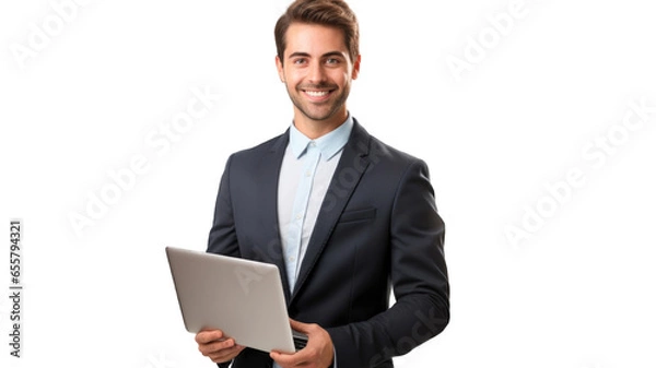 Fototapeta Portrait of young smiling man holding laptop and looking at the camera. Transparent background or PNG file. Generated by AI