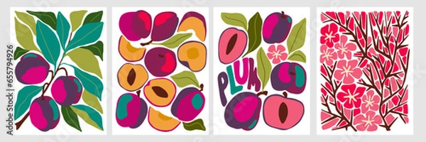 Fototapeta Abstract vector illustration set of plums, leaves and flowers. Abstract harvest poster set. Vegetable market. Abstract plums vector art