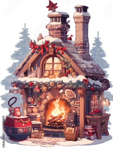 Fototapeta Rustic wooden house with chimney and fireplace,decorated Christmas themed house with flowers and lights.Generative Ai