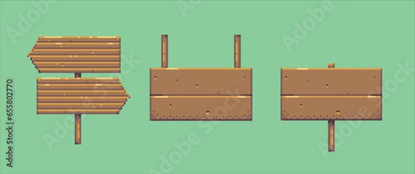 Fototapeta Wooden signs pixel art set. Wooden Signboards collection. 8 bit sprite. Game development, mobile app. Isolated vector set illustration.