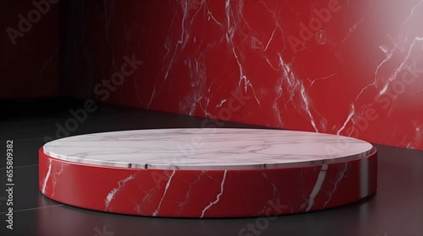 Fototapeta Luxury red marble podium on red background with copyspace. 3d render, for banner background, product display