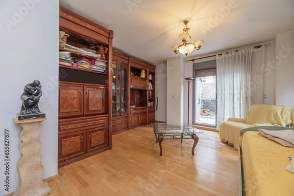 Fototapeta Living room with wooden bookcase with root doors and exits to a terrace on the ground floor