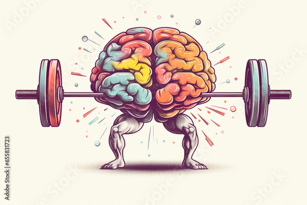 Obraz Brain exercising muscles, lifting heavy weights in gym - concept of studying, learning or mental growth